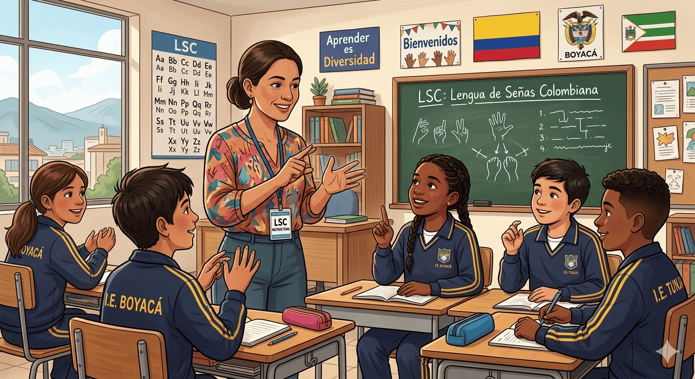 Maestra y estudiantes sordos en un aula escolar usando lengua de señas