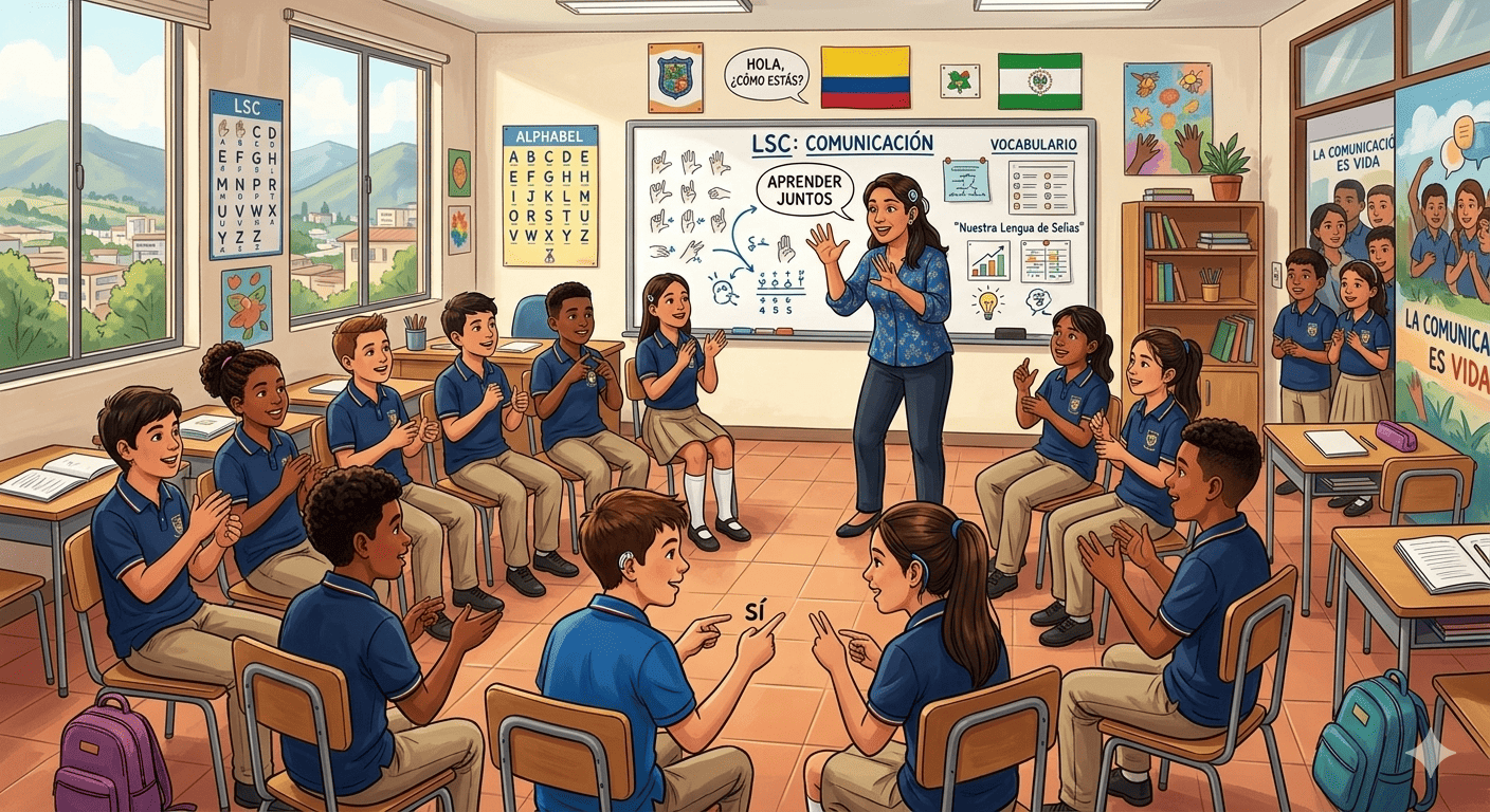Maestra y estudiantes sordos en un aula escolar usando lengua de señas